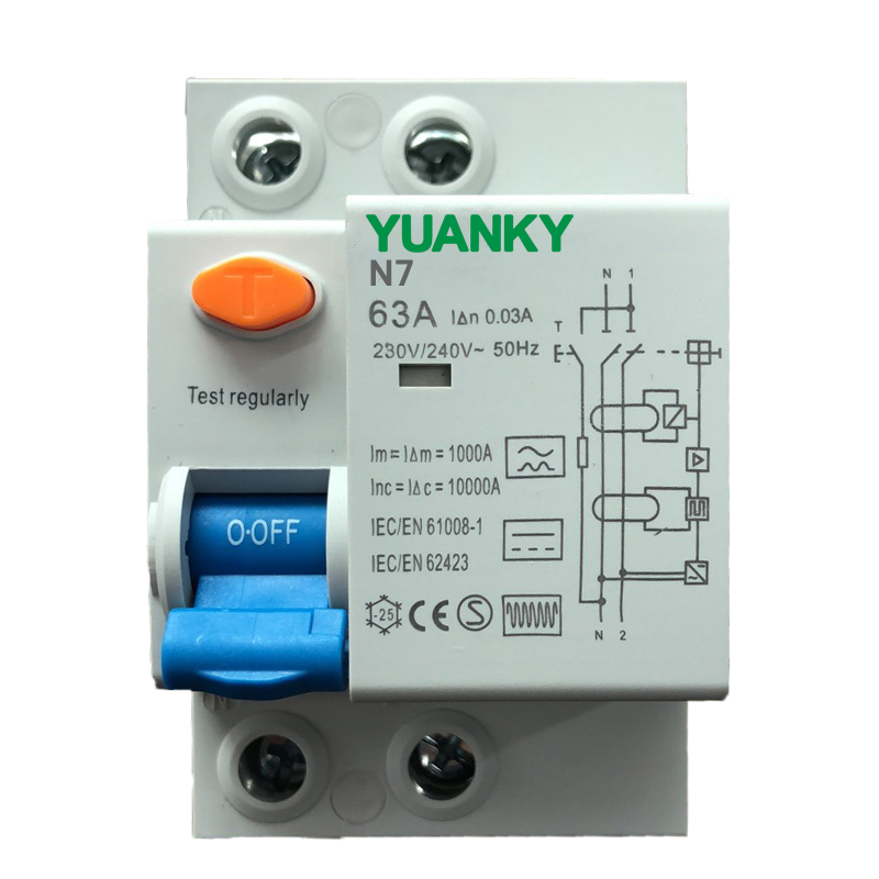 YUANKY RCCB 63A 2P 4P 240V 415V Sistema fotovoltaico Disyuntor de corriente residual en pila de carga