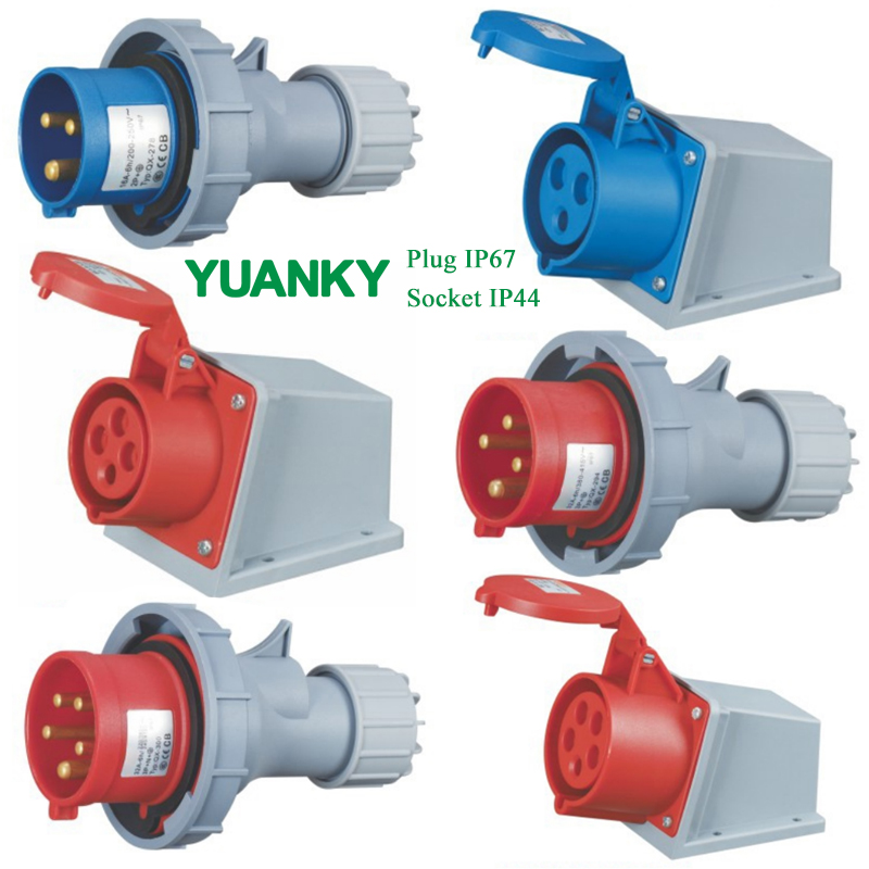 Yuanky စက်မှုပလပ်ပေါက် IP44 IP67 EN/IEC 60309-2 220V 240V 380V 415V 16A 32A စက်မှုပလပ်ပေါက်