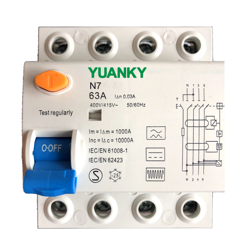 YUANKY RCCB 63A 2P 4P 240V 415V Interruttore automatico di corrente residua del sistema fotovoltaico nel mucchio di ricarica