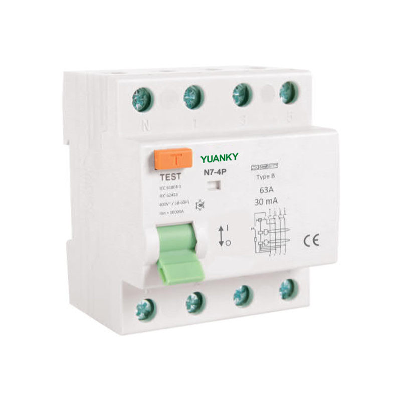 YUANKY N7-4P 4P Rail Mounting 6kA Breaking Capacity Test Button RESIDUAL CURRENT CIRCUIT BREAKER
