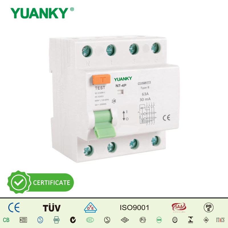 YUANKY N7-4P 4P Rail Mounting 6kA Breaking Capacity Test Button RESIDUAL CURRENT CIRCUIT BREAKER