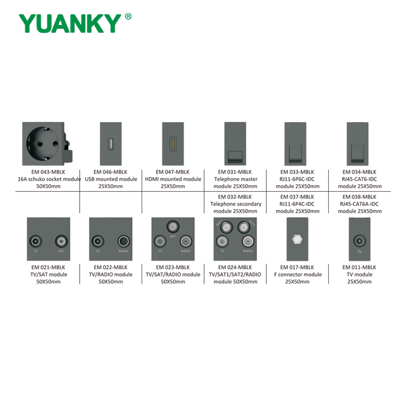 YUANKY Hot Selling Black Euro Modules Switch Socket