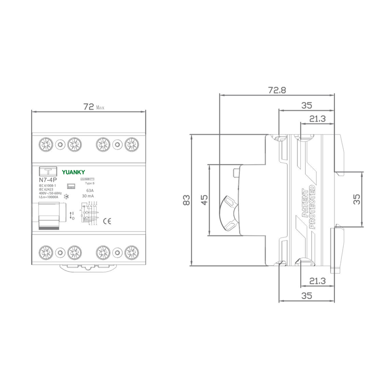 YUANKY N7-4P 4P Rail Mounting 6kA Breaking Capacity Test Button RESIDUAL CURRENT CIRCUIT BREAKER